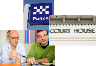 Collage of a court house, police station sign post and a two men discussing a document.