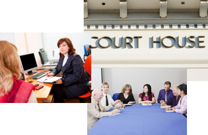 Collage of a court house and loegal meetings.